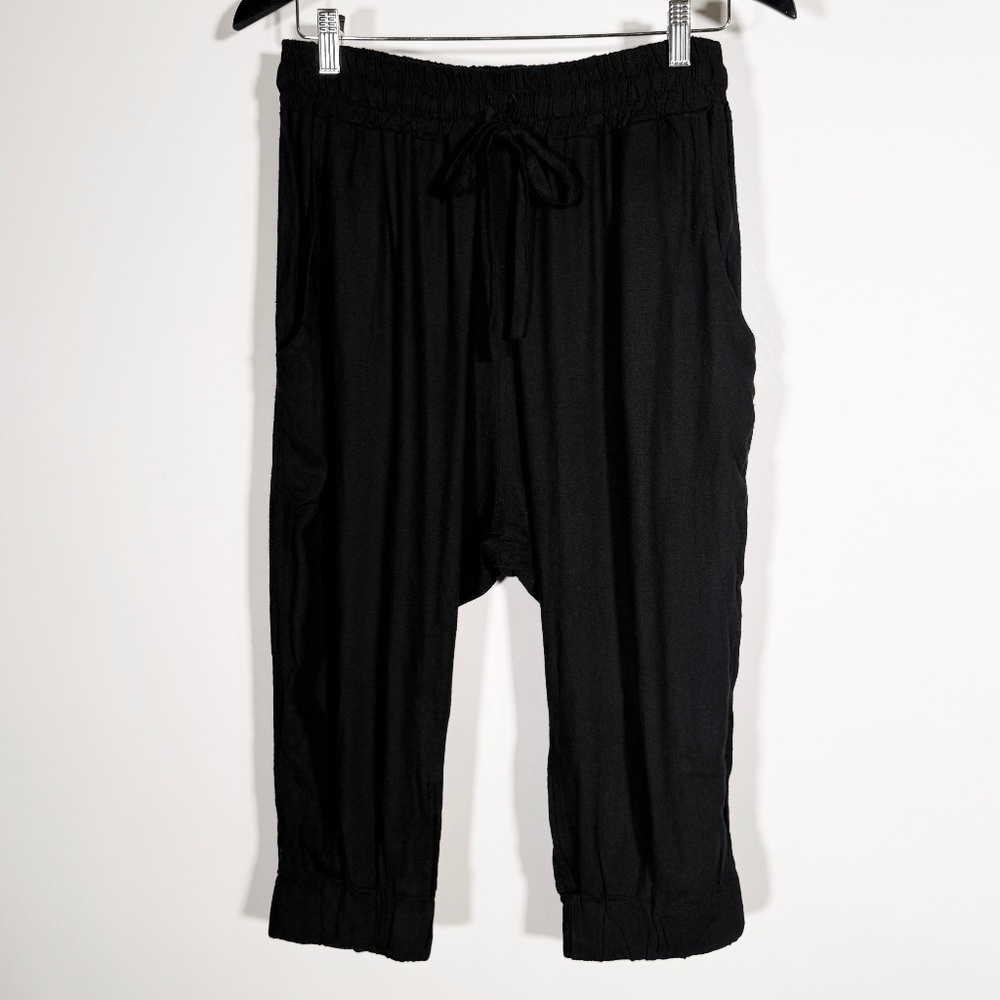Estelar - Linen Blend Drawstring Pants Black Relaxed Fit Elastic Cuff Size S/M